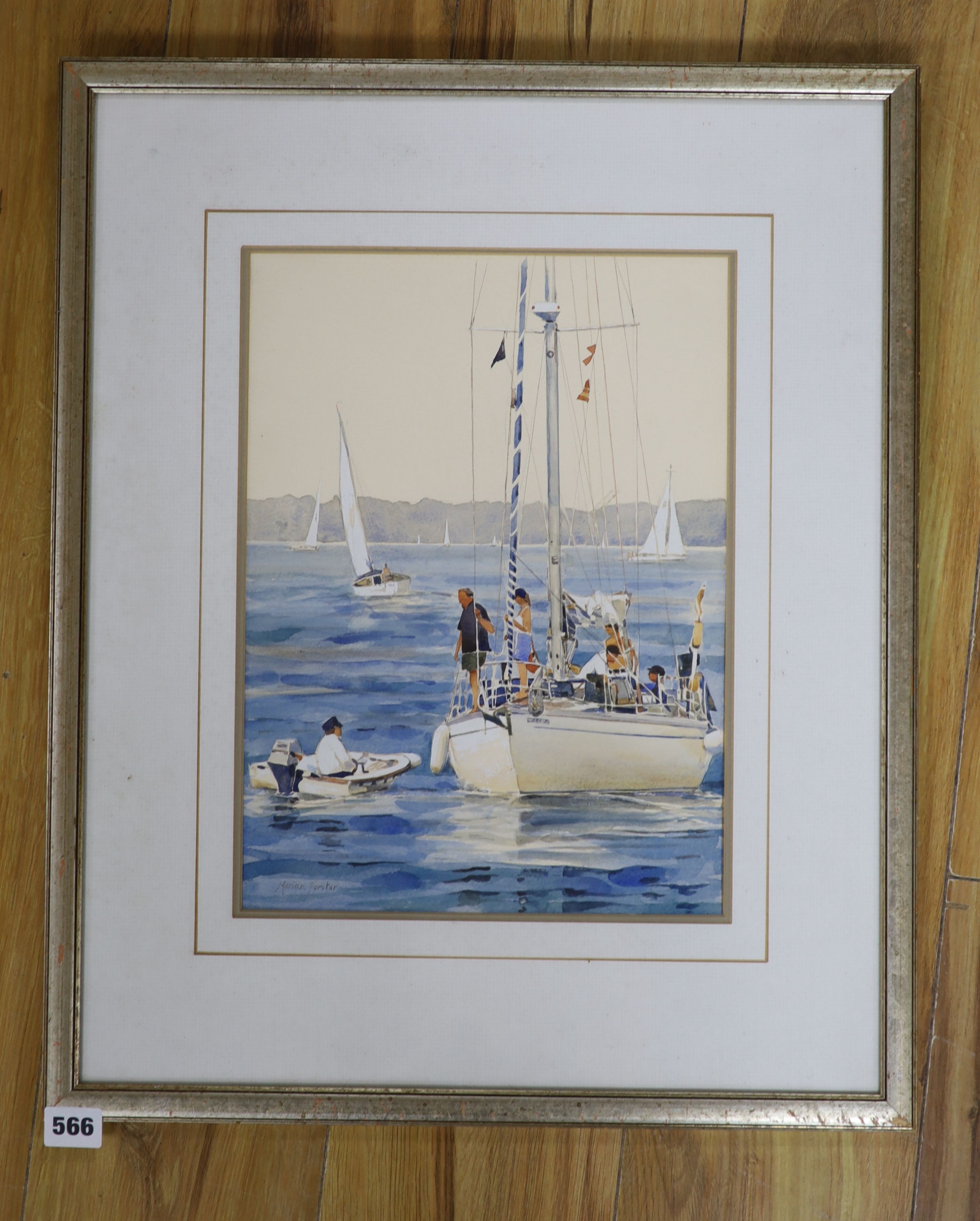 Marian Forster, watercolour, 'Arriving at Yarmouth, (Isle of Wight)', signed, with The Mall Galleries label verso, Royal Society of Marine Artists, 2000, 36 x 26cm